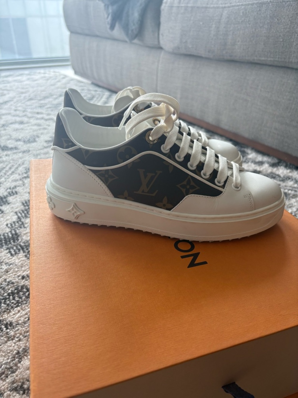Authentic Louis Vuitton White & Brown Monogram Low-Top Sneakers - Picture 2 of 3